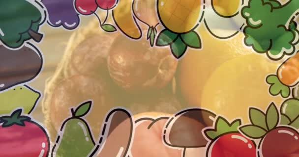 Animation Der Illustration Mit Obst Und Gemüse Über Frischen Zitronen — Stockvideo