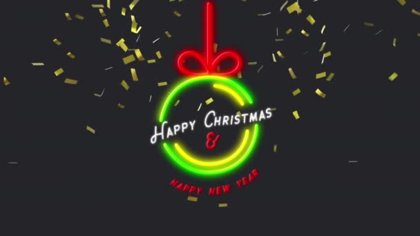 Animation Seasonal Greeting Text Neon String Green Bauble Gold Confetti — Stock Video