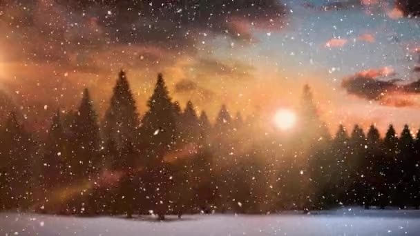 Animation Von Schnee Der Über Die Winterliche Weihnachtslandschaft Mit Bäumen — Stockvideo