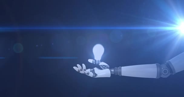 Animace Žárovky Nad Paží Robota Pohyblivým Světlem Tmavém Pozadí Elektrotechnika — Stock video