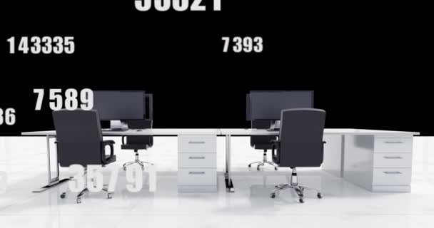Animatie Van Nummers Die Veranderen Boven Leeg Kantoor Mondiaal Computer — Stockvideo
