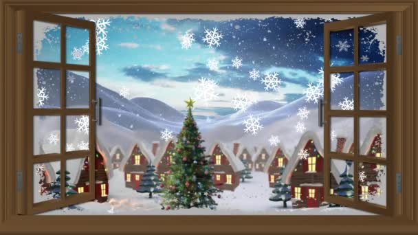 Animazione Neve Che Cade Sul Paesaggio Invernale Con Albero Natale — Video Stock