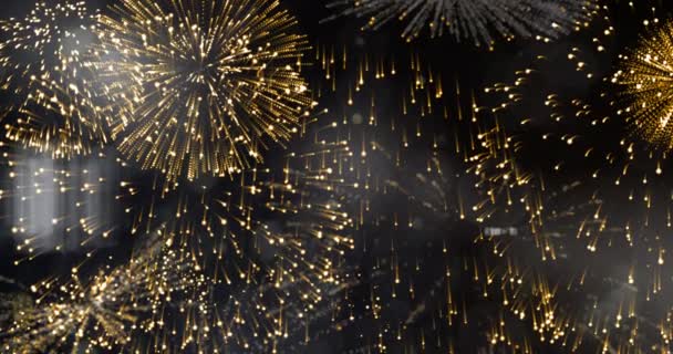 Animatie Van Exploderende Gouden Vuurwerk Scrollen Zwarte Achtergrond Nieuwjaar Feest — Stockvideo