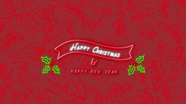 Animace Vánoční Pozdravy Neonový Text Nad Vzorem Červeném Pozadí Vánoce — Stock video