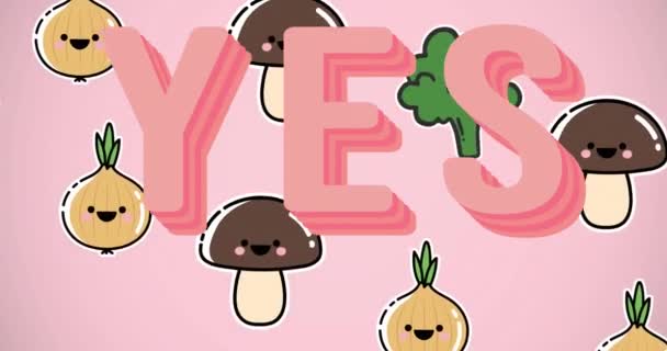 Animation Illustration Yes Text Vegetables Smiling Faces Pink Background Nutrition — Stock Video