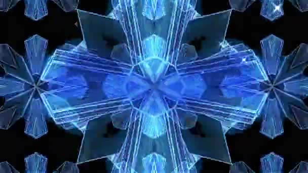 Digitale Animatie Van Blauw Gloeiende Caleidoscopische Patronen Tegen Zwarte Achtergrond — Stockvideo