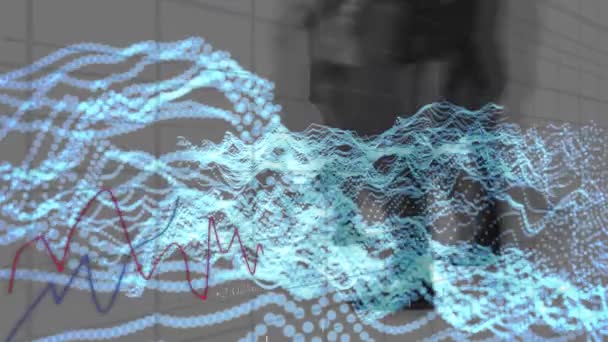 Animação Processamento Dados Financeiros Linhas Brilhantes Sobre Pedestres Andando Movimento — Vídeo de Stock