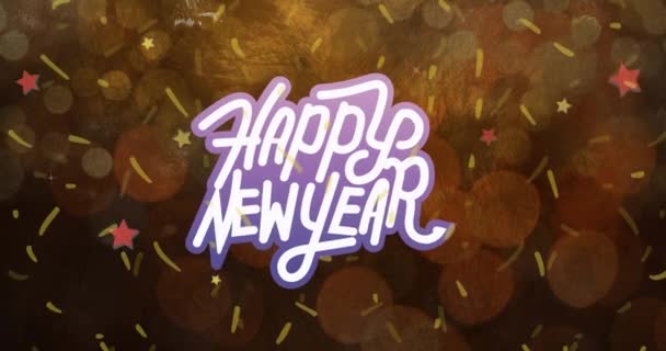 Animation Happy New Year Text White Yellow Confetti Falling Bokeh — Stock Video