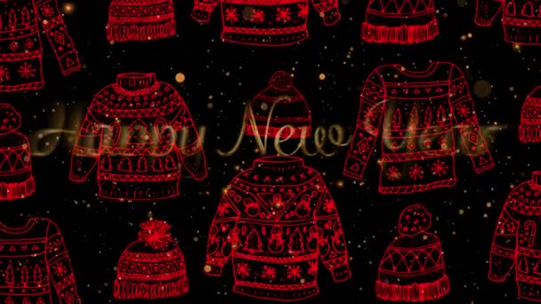 クリスマスジャンパーと帽子のパターンを背景にした新年の挨拶のアニメーション クリスマス 伝統とお祝いのコンセプトデジタルで生成されたビデオ — ストック動画