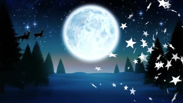 Vários Ícones Estrelas Flutuando Contra Paisagem Inverno Lua Céu Noturno — Vídeo de Stock