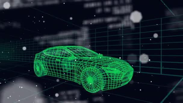 Animacja Przetwarzania Danych Ponad Rysunek Modelu Samochodu Siatki Globalna Inżynieria — Wideo stockowe