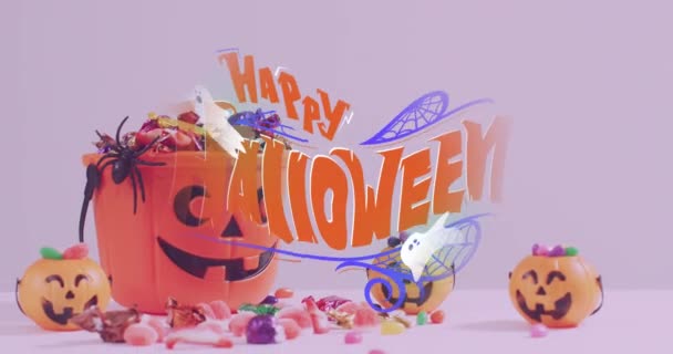 Fröhliches Halloween Textbanner Und Geister Ikonen Gegen Einen Eimer Voller — Stockvideo