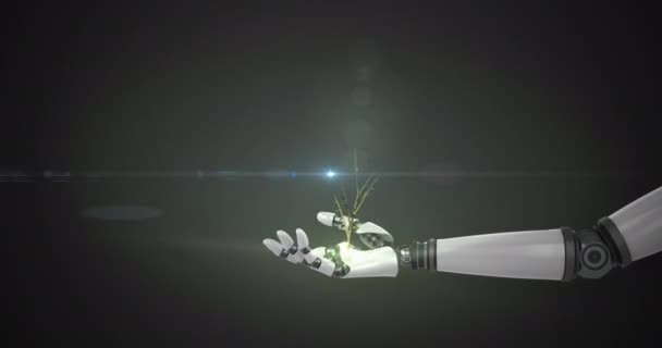 Animace Rostoucí Rostliny Ruce Robotického Ramene Pohyblivým Světlem Tmavém Pozadí — Stock video
