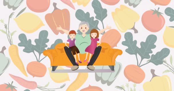 Animation Illustration Grand Père Heureux Avec Petits Enfants Sur Genou — Video