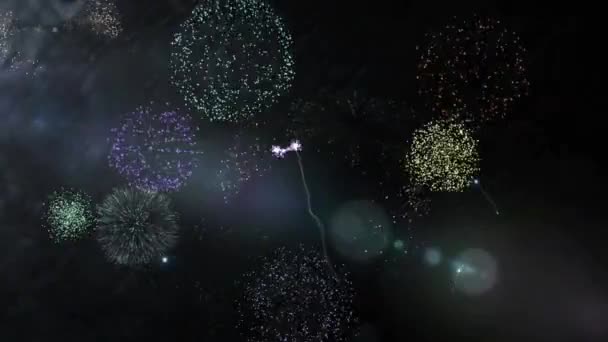 Animation Του Ευτυχισμένου Νέου Έτους Χαιρετισμούς Πάνω Από Πυροτεχνήματα Έκρηξη — Αρχείο Βίντεο