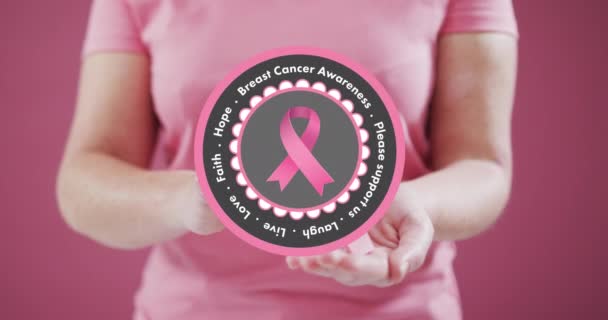 Breast Cancer Awareness Text Banner Mid Section Woman Holding Pink — Stock Video