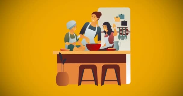 动画中的快乐妈妈和儿子女儿在厨房做饭 用黄色 健康和融合概念数码视频 — 图库视频影像