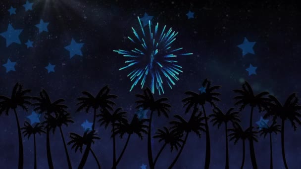 大晦日にヤシの木の上で爆発するカラフルな花火のアニメーション 新年のお祝いとお祭りのコンセプトデジタルで生成されたビデオ — ストック動画