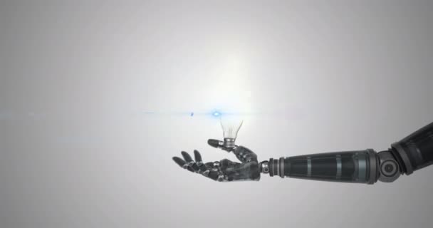 Animazione Della Lampadina Illuminata Sopra Mano Del Braccio Del Robot — Video Stock