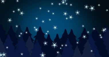 Noel 'de köknar ağaçlarının üzerine düşen kar görüntüsü. Noel, kış, gelenek ve kutlama konsepti dijital olarak oluşturulmuş imaj.