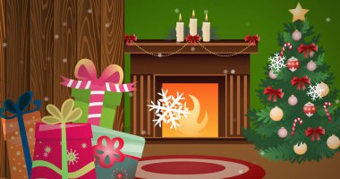 Noel 'de dekore edilmiş evin üzerine yağan kar görüntüsü. Noel, kış, gelenek ve kutlama konsepti dijital olarak oluşturulmuş imaj.