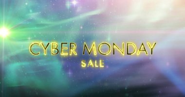 Pazartesi günkü siber satış metninin parlak yeşilden mor arka plana atılışı. perakende, tasarruf ve çevrimiçi alışveriş konsepti dijital olarak oluşturuldu.