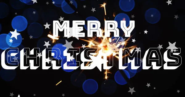 Image Merry Christmas Text Light Spots Stars Falling Christmas Winter — Stock Photo, Image