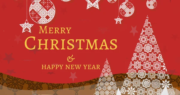 Image Merry Christmas Happy New Year Embroidered Tree Red Background — Stock Photo, Image