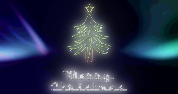 Image Merry Christmas Text Aurora Christmas Tree Christmas Winter Tradition — Stock Photo, Image