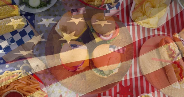 Image Flag United States America Moving Festive Snacks Hotdogs Burgers — Stock Photo, Image