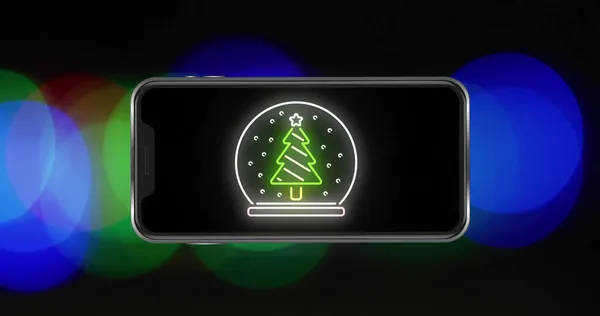 Imagen Del Árbol Navidad Teléfono Inteligente Sobre Puntos Luz Navidad — Foto de Stock