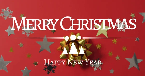 Изображение Счастливого Рождественского Текста Над Звездами Красном Фоне Рождество Традиции — стоковое фото