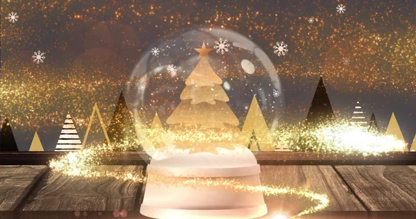 Afbeelding Van Kerst Sneeuwvlokken Vallen Sneeuwbol Bruine Achtergrond Kerstmis Traditie — Stockfoto