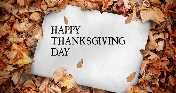 Afbeelding Van Gelukkige Thanksgiving Dagtekst Kaart Met Herfstbladeren Seizoenen Herfst — Stockfoto