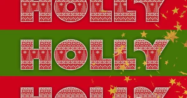 用红白相间的图案在红绿相间的条纹上刻有金色的圣诞星 圣诞节 冬季节日问候和数字生成的庆祝概念 — 图库照片