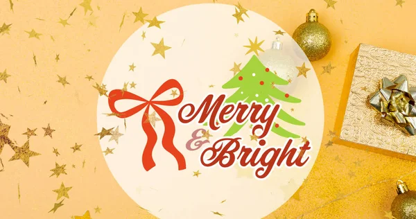 Imagem Texto Alegre Brilhante Sobre Estrelas Caindo Decoração Natal Presentes — Fotografia de Stock
