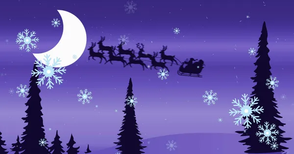 雪の上にトナカイとそりでサンタのイメージとクリスマスに冬の風景 クリスマス冬伝統お祝いのコンセプトデジタルで生成されたイメージ — ストック写真