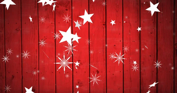 Imagem Estrelas Natal Floco Neve Caindo Sobre Fundo Madeira Vermelha — Fotografia de Stock