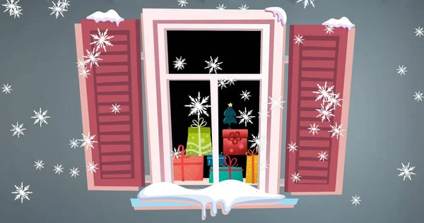 Image Neige Tombant Sur Des Cadeaux Noël Vus Par Fenêtre — Photo