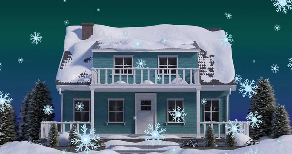 Obraz Bożonarodzeniowych Płatków Śniegu Spadających Nad Pokrytym Śniegiem Domem Ogrodem — Zdjęcie stockowe