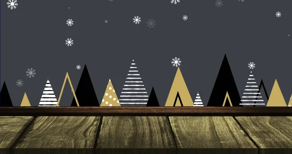 Wizerunek Płatków Śniegu Spadających Nad Drzewami Szarym Tle Boże Narodzenie — Zdjęcie stockowe