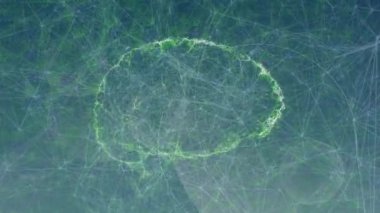 Veri işleme ve parlayan noktalarla bağlantı ağının üzerinde dönen insan beyninin animasyonu. küresel bağlantılar ve veri işleme konsepti dijital olarak oluşturulmuş video.