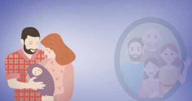 Çoklu nesil aile portresinin animasyonu ve kucağında bebek olan mutlu ebeveynler. aile, sevgi, sağlık ve birliktelik kavramı dijital olarak oluşturulmuş video.