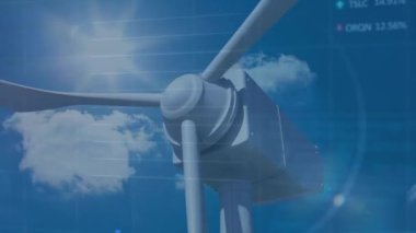 Rüzgar türbini üzerinde finansal veri işleme animasyonu. küresel iklim değişikliği, sürdürülebilirlik ve rüzgar enerjisi konsepti dijital olarak oluşturulmuş video.