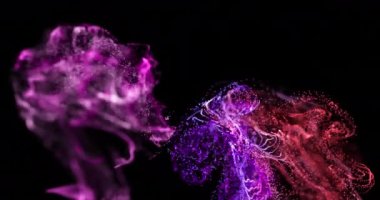 Siyah zemin üzerinde hareket eden pembe ve kırmızı parçacıkların animasyonu. hareket, enerji ve teknoloji, soyut arayüz arkaplan kavramı dijital olarak oluşturulmuş video.