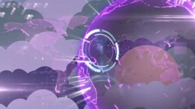 Mor küresel ağ üzerinden güvenli kilit işleme animasyonu ve bulut şekilleri üzerine veri. küresel iletişim ağı güvenliği ve dijital arayüz teknolojisi konsepti dijital olarak oluşturulmuş video.