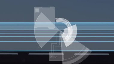 Mavi parlak çizgiler üzerinde hızlı hareket eden taramaların ve veri işlemenin animasyonu. küresel iş, veri işleme ve dijital arayüz kavramı dijital olarak oluşturulmuş video.