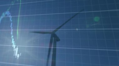 Rüzgar türbini üzerinde finansal veri işleme animasyonu. küresel iklim değişikliği, sürdürülebilirlik ve rüzgar enerjisi konsepti dijital olarak oluşturulmuş video.