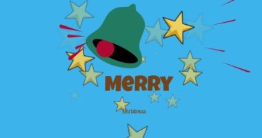 Mutlu noel mesajlarının animasyonu çan ve yıldızlar üzerinde. Noel, kış, gelenek ve kutlama konsepti dijital olarak oluşturulmuş video.