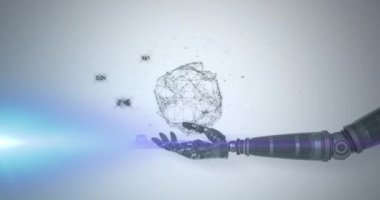Robot kolu üzerinden ağ işleme verilerinin animasyonu, gri arka planda hareket eden ışık. Elektrik mühendisliği teknolojisi, iletişim ve araştırma konsepti dijital olarak oluşturulmuş video.